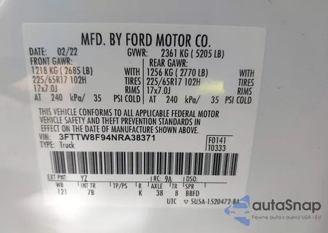 2022 Ford Maverick Lariat/Xl/Xlt z USA, uszkodzony, nr VIN 3FTTW8F94NRA38371